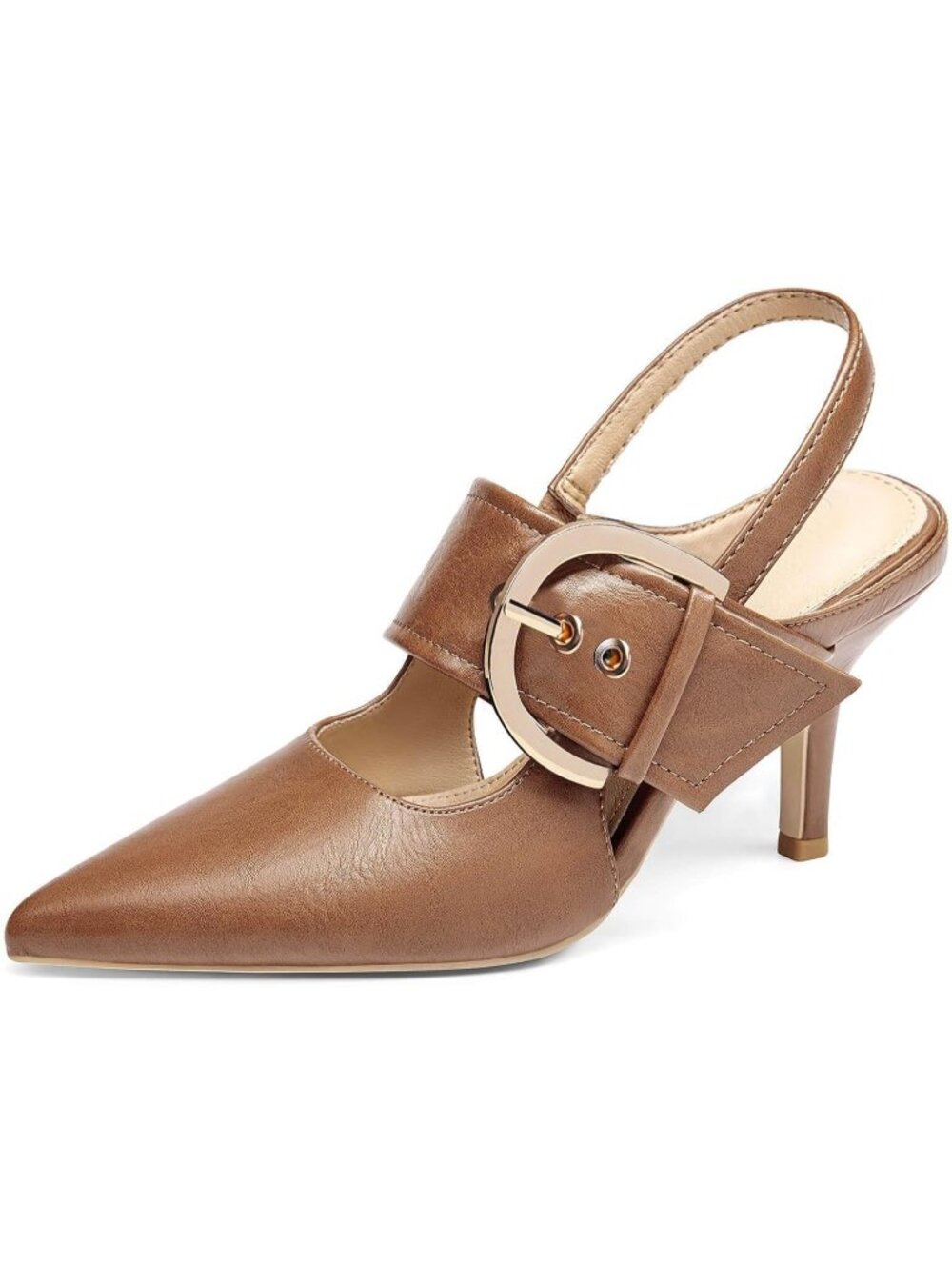 Women's Light Brown Slingback High Heels Closed Toe Belt Buckle Strap Work Shoes